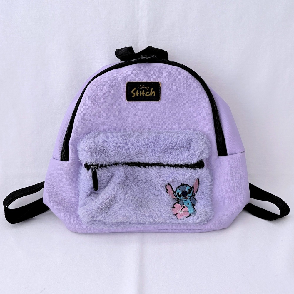 Disney Lilo & Stitch Mini Backpack Purple Furry Plush Pocket Embroidered Stitch